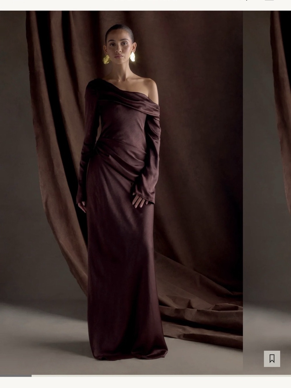 Meshki Iris Long Sleeve Satin Maxi Dress Satin Maxi Dress in Brown